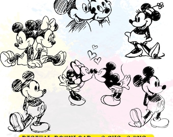 Mickey and Minnie Mouse  Black and White Sketch Design SVG PNG, Magical Kingdom Trip PNG