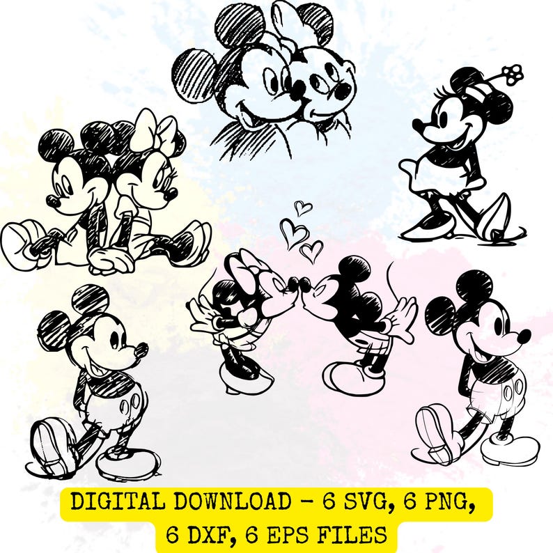 Pode incluir: Download digital em preto e branco com esbo&ccedil;os de Mickey e Minnie Mouse em v&aacute;rias poses. A imagem inclui o texto: "DIGITAL DOWNLOAD - 6 SVG, 6 PNG, 6 DXF, 6 EPS FILES."