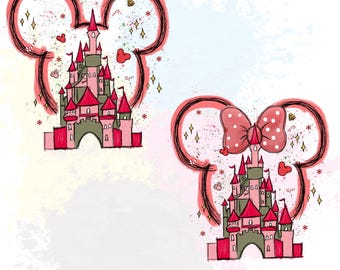 Christmas Disney Castle PNG Designs, Disney Xmas Mickey Minnie Ears Head with Coquette Bow PNG, Digital File