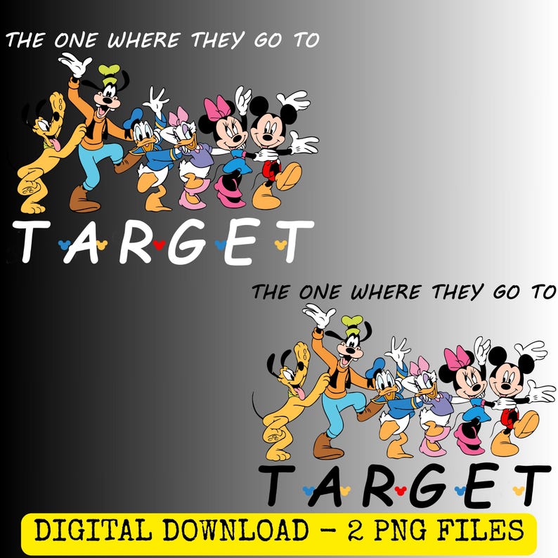 May include: A digital graphic featuring Pluto, Goofy, Donald Duck, Daisy Duck, Minnie Mouse, and Mickey Mouse standing together. The text reads THE ONE WHERE THEY GO TO TARGET. The word TARGET includes small colored Mickey Mouse head icons.