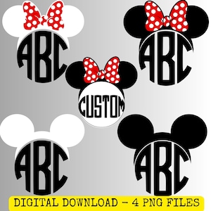 May include: Five circular graphic designs featuring mouse ears and monograms. Four designs show the letters ABC, and one shows the word CUSTOM. Three designs include a red bow with white polka dots. The colors are black, white, and red.