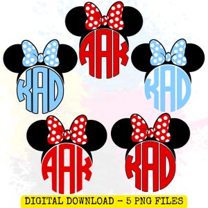 May include: Five Minnie Mouse-themed designs with black ears, bows, and monogrammed initials. The bows are red with white polka dots or light blue with white polka dots. The initials are in red or light blue. The text "DIGITAL DOWNLOAD - 5 PNG FILES" is at the bottom.
