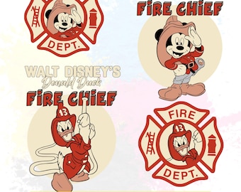 Walt Disneys Fire Chief PNG SVG Design Bundle, Disney Fire Dept. Mickey Mouse and Donald Duck, Digital Download