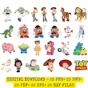 Può includere: Una collezione di illustrazioni di personaggi di cartoni animati colorati del franchise di Toy Story. I personaggi includono Woody, Buzz Lightyear, Jessie e altri. L'immagine include anche il logo di Toy Story e il testo "DOWNLOAD DIGITALE - 25 PNG+ 25 SVG+ 25 PDF+ 25 EPS+ 25 DXX FILES."