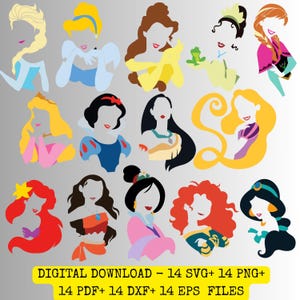 May include: A digital download graphic featuring 14 stylized princess illustrations in various colours. Each princess is depicted with a minimalist design, showcasing their iconic hairstyles and outfits. The image includes the text "DIGITAL DOWNLOAD - 14 SVG+ 14 PNG+ 14 PDF+ 14 DXF+ 14 EPS FILES."