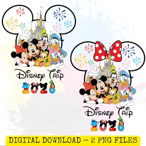 May include: Two Disney Trip 2020 designs featuring Mickey, Minnie, Donald, Daisy, Goofy, and Pluto. The designs include a castle, fireworks, and the text "Disney Trip 2020". The words "DIGITAL DOWNLOAD - 2 PNG FILES" are at the bottom.