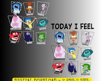 Inside Out Digital PNG SVG pdf dxf eps Bundle, Disney Today I Feel Joyous Design, All Emotions Embrassed Envious Anxious PNG, Digital File