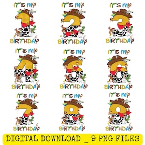 May include: A set of nine digital PNG files featuring birthday-themed designs. Each design showcases a number from one to nine, adorned with cowboy hats, red bows, and a black and white cow print. The phrase "It's my birthday" is also included.
