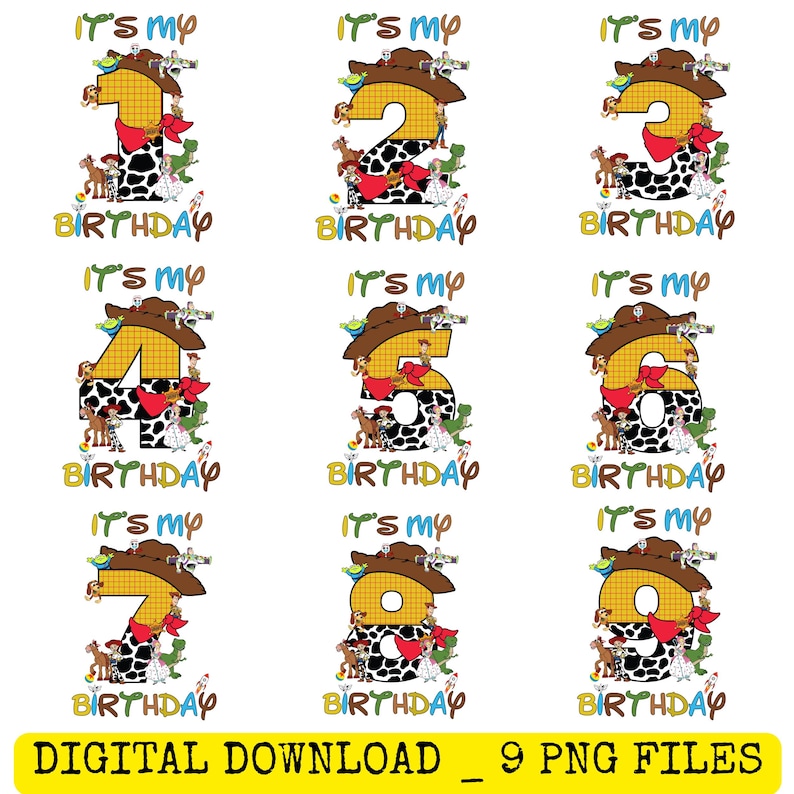 May include: A set of nine digital PNG files featuring birthday-themed designs. Each design showcases a number from one to nine, adorned with cowboy hats, red bows, and a black and white cow print. The phrase "It's my birthday" is also included.