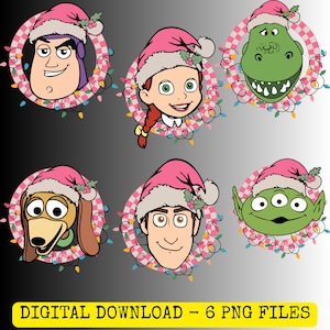 Puede incluir: Seis retratos de personajes de dibujos animados de la franquicia Toy Story, cada uno con un gorro de Papá Noel rosa y rodeado por una guirnalda de luces. Los personajes incluyen a Buzz Lightyear, Jessie, Rex, Slinky Dog, Woody y los Little Green Men. El texto "DIGITAL DOWNLOAD - 6 PNG FILES" está en la parte inferior.