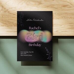 Bearbeitbare Einladungsvorlage zum 23. Geburtstag für Canva • Dunkle holografische Partykarte • Druckbares und animiertes modernes Einladungsdesign