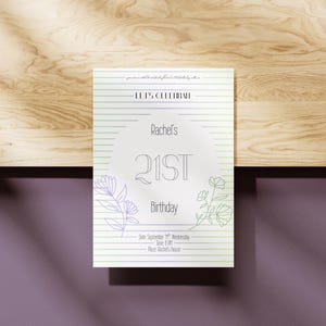 Modelo de convite de aniversário editável para Canva • Cartão de festa com listras florais minimalistas • Download digital para impressão e animação
