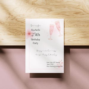 Canvaで編集可能な誕生日招待状テンプレート • ピンクの花柄シャンパンパーティーカード • 印刷可能＆アニメーション付きデジタルダウンロード