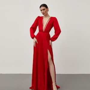 Long Red Satin Gown with Deep V-Neck and High Slit | Elegant Evening Dress | Formal Gala Dress | Wedding Guest Dress | Photoshoot | Festival