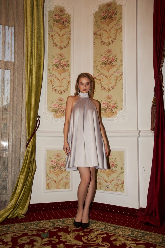 Silver Satin Mini Dress: Halter Neck Backless Party Cocktail Dress