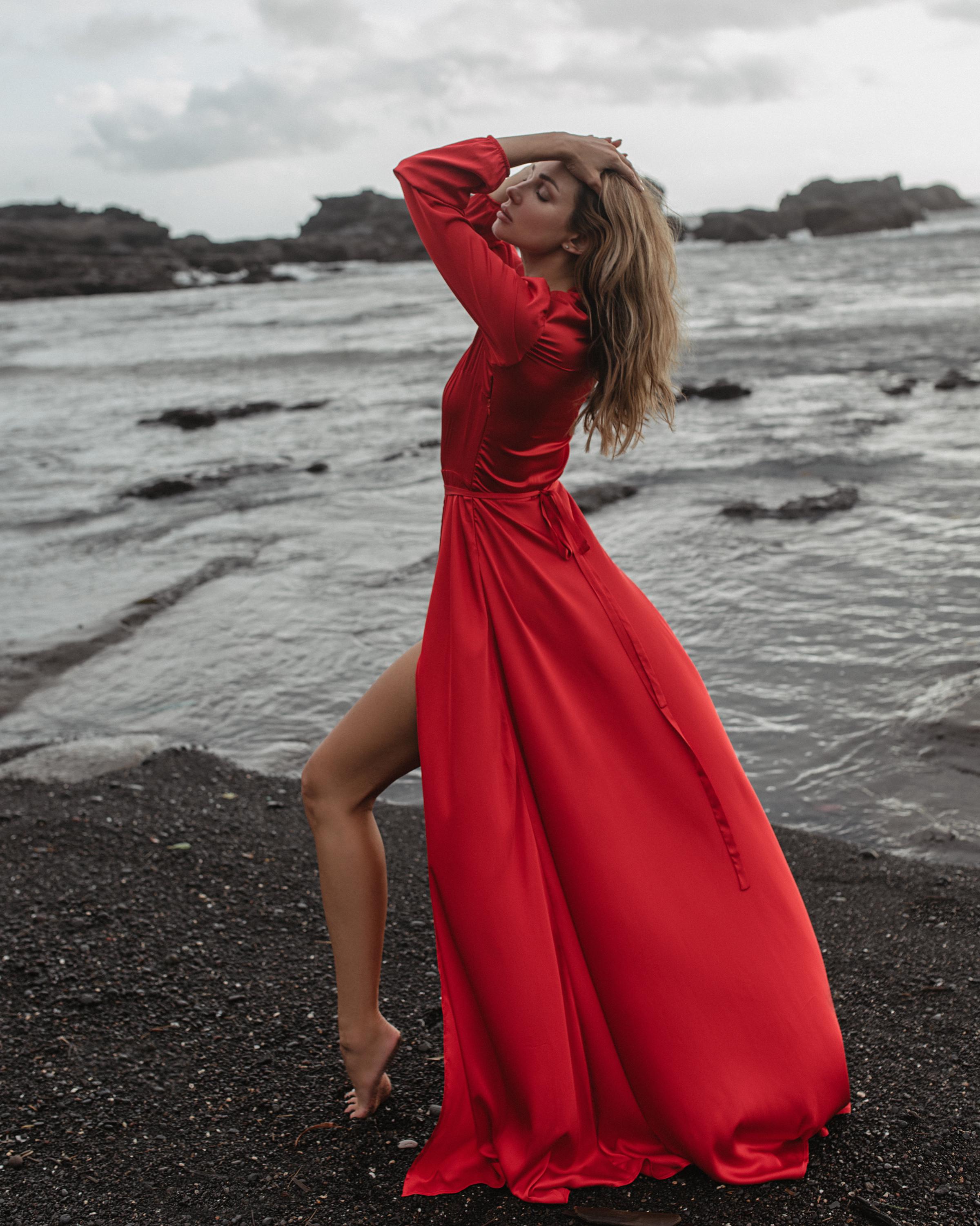 satin christmas dresses Red Satin Gown: Deep V-Neck, High Slit