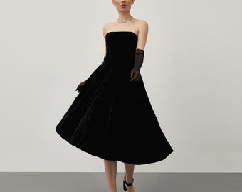Black Velvet Strapless Midi Dress: Handmade Elegant Gala Cocktail Dress