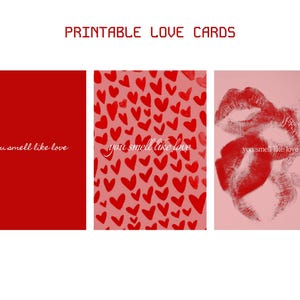 Set de postales románticas A6 — "Hueles a amor" — Labios rojos, corazones, notas de amor minimalistas / San Valentín, aniversario, regalo para pareja