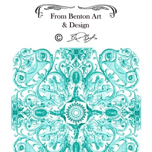 May include: Set of four 10-inch square cotton cocktail napkins with a teal blue and white intricate floral design. The napkins feature a repeating pattern of stylized flowers, leaves, and cherubs. The text "COCKTAIL NAPKINS" and "DESIGN: ANGELA" is printed at the top of the image. The text "From Benton Art & Design" is printed below the design.