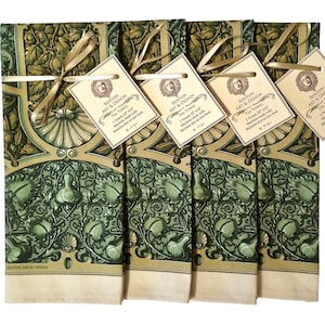 May include: Set of five tea towels with a green and gold floral pattern. Each towel has a tag that reads "Benton Art & Design Tea Towel 1 Towel 20" x 28" Machine wash cold. Machine dry on low heat."