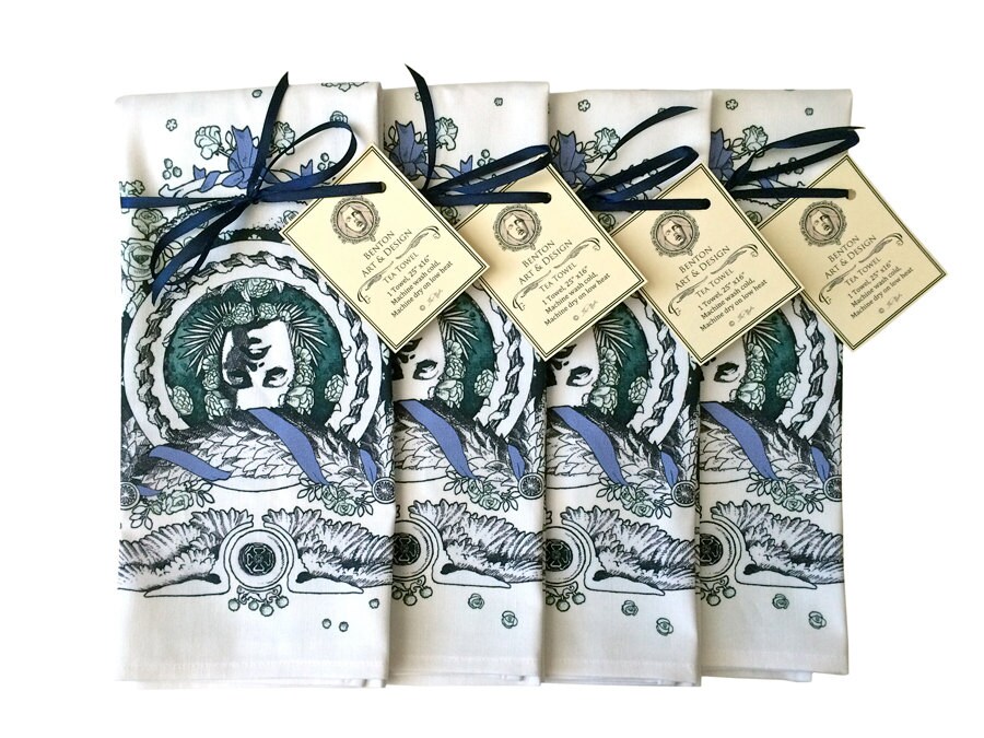 Bliss Tea Towel - Green/Lavender on Ivory