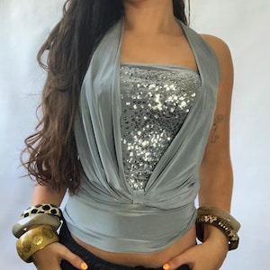 Sequin Halter Drape Top | Ibiza Glitter Sequinned Halterneck Top Festival Summer Top | Party Festival Sequins Halter Y2k Rhinestone Diamante