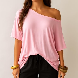 Pink Off The Shoulder Slouchy Top - Asymmetric Top - Draped T Shirt - Off Shoulder T Shirt - Batwing Off-Shoulder Top Boho Bohemian Summer