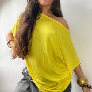 Off The Shoulder Slouchy T shirt - Yellow Bare Shoulder Tee - Cotton Yoga Top - Asymmetric Slouch Top - Boho Early 00s Bohemian Clothing