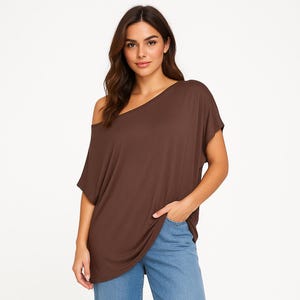 Off The Shoulder Slouchy T shirt - Brown Bare Shoulder Tee - Cotton Yoga Top - Asymmetric Slouch Top - Boho Early 00s Bohemian Clothing