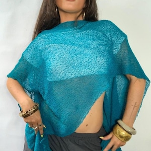 Turquoise Sheer Poncho - Lightweight Bohemian Knit Wrap Top - Batwing Crochet Poncho Beach Cover Up Wedding Shawl - Summer Festival Shawl