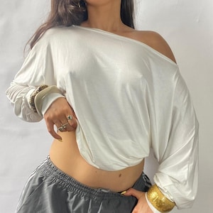 Cream Slouchy Batwing Sleeve Asymmetric Off Shoulder Dress Top - Women&#39;s Bardot Top Y2k Grunge Early 00s 90s Style Bohemian Summer Yoga Top