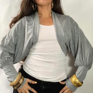 Grey Bolero | Batwing Shrug Top | Lightweight Summer Open Front Layering Cardigan | Boho Festival Cover Up | Y2K Style Long Sleeve Wrap Top