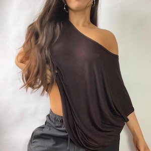 Brown Off Shoulder Slouchy T shirt - Bare Shoulder Tees - Cotton Yoga Top - Asymmetric Slouch Top - Boho Early 00s Bohemian Summer Clothing