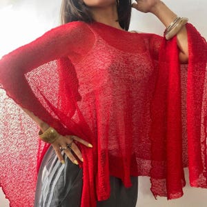 Red Sheer Poncho - Summer Poncho - Lightweight Bohemian Knitted Wrap Top - Batwing Crochet Poncho -  Wedding Shawl - Festival Shawl Bolero