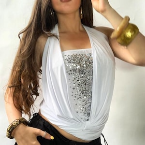 Sequin Halter Drape Top | Ibiza Glitter Sequinned Halterneck Top Festival Summer Top | Party Festival Sequins Rave Y2k Rhinestone Diamante