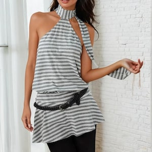 Stripe Halter Dress - Womens Halterneck Stripe Tunic Top Dress - Grunge Harajuku Mini Dress - Y2k Early 00s 2000s Style - Summer Clothing