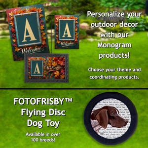 May include: The image displays outdoor decor items with the letter "A" and the word "Welcome". There's a garden flag, a smaller flag, and a rectangular plaque, all featuring autumn leaf designs. Below, a black dog toy with a dog illustration and the text "FOTOFRISBY Flying Disc Dog Toy".