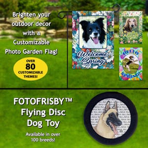 以下が含まれることがあります： 犬の写真と「Welcome Spring」の文字が入ったガーデンフラッグ。画像には犬のおもちゃと「FOTOFRISBY Flying Disc Dog Toy」の文字も表示されています。フラッグは80以上のテーマでカスタマイズ可能です。