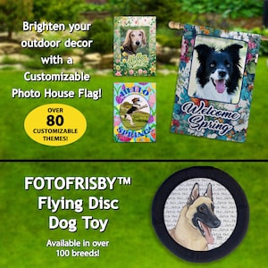 May include: Image features customizable photo house flags with dog portraits and the text "Welcome Spring." Also shown is a black flying disc dog toy with a dog's face and the text "FOTOFRISBY Flying Disc Dog Toy."