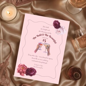 Invitación de cumpleaños con lazo preppy, editable, dibujada a mano, en rosa y rojo, plantilla de coqueta, descarga instantánea, diseño moderno de garabatos dibujados a mano para cumpleaños de niña.