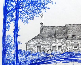 La maison de prêtre, les Noës, Maen-Roch dans les environs de Fougères - dessin original