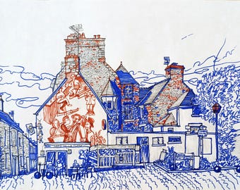 Dessin original de la place centrale d'une petite ville de Haute-Bretagne