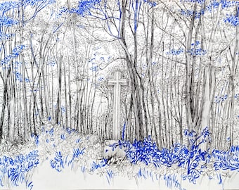 Paysage forestier avec une croix du XVIIe siècle — Dessin original de Haute-Bretagne