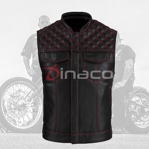 Diamond Quilted Cowhide Leather Vest: Red/Black Biker Club Jacket