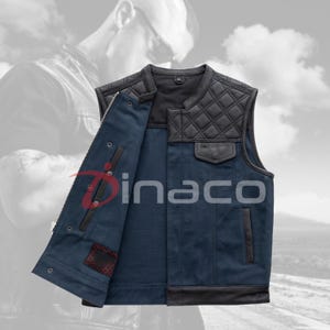 Handmade Biker Vest | Blue Canvas & Black Leather Motorcycle Waistcoat