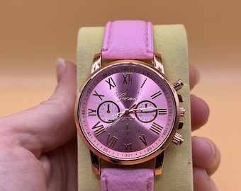 Pink & Rose Gold Watch | Faux Leather Strap, Roman Numerals