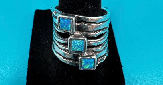 Sterling Stack Ring with Synthetic Opals - image 1
