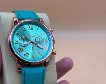 Teal Dial Quartz Watch | Rose Gold Tone, Faux Leather Strap