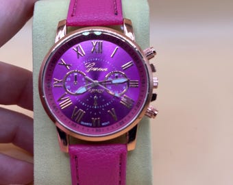 Hot Pink Watch | Rose Gold, Magenta Dial, Faux Leather