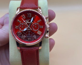 Red Dial & Rose-Gold Quartz Watch | Faux Red Leather Strap | Bold Everyday Women’s Accessory